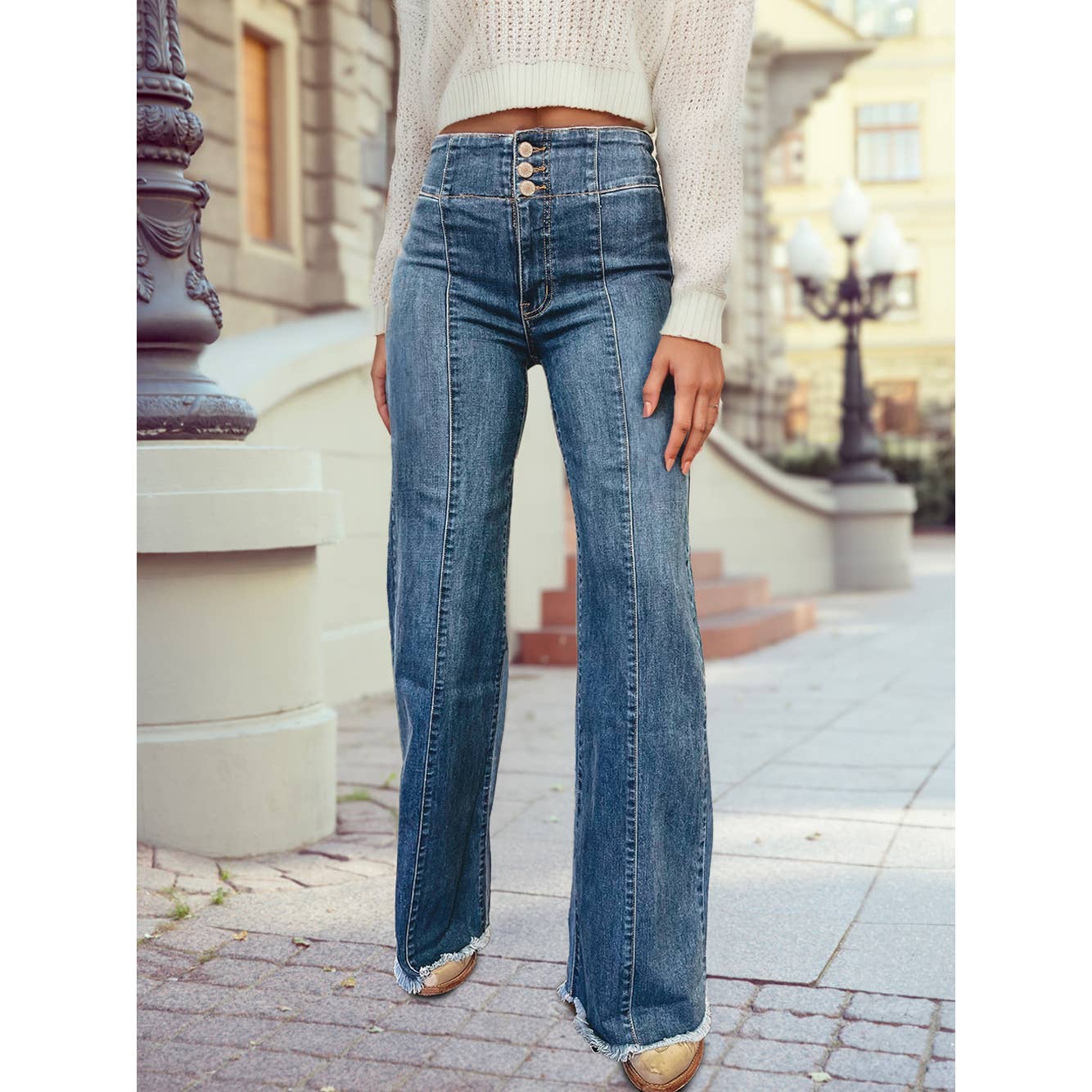 High Waist Button Fly Seamed Raw Hem Flare Jeans