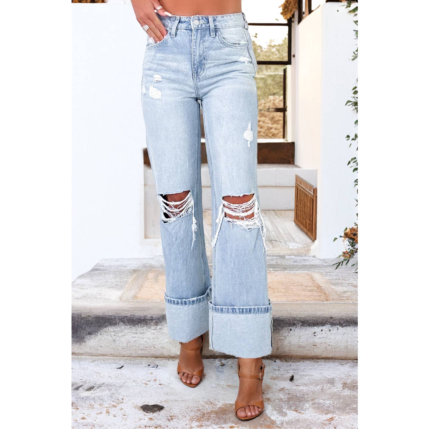 Light Wash Distressed Flare Jeans