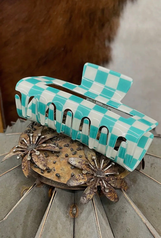 Checkered Claw Clip - Turquoise